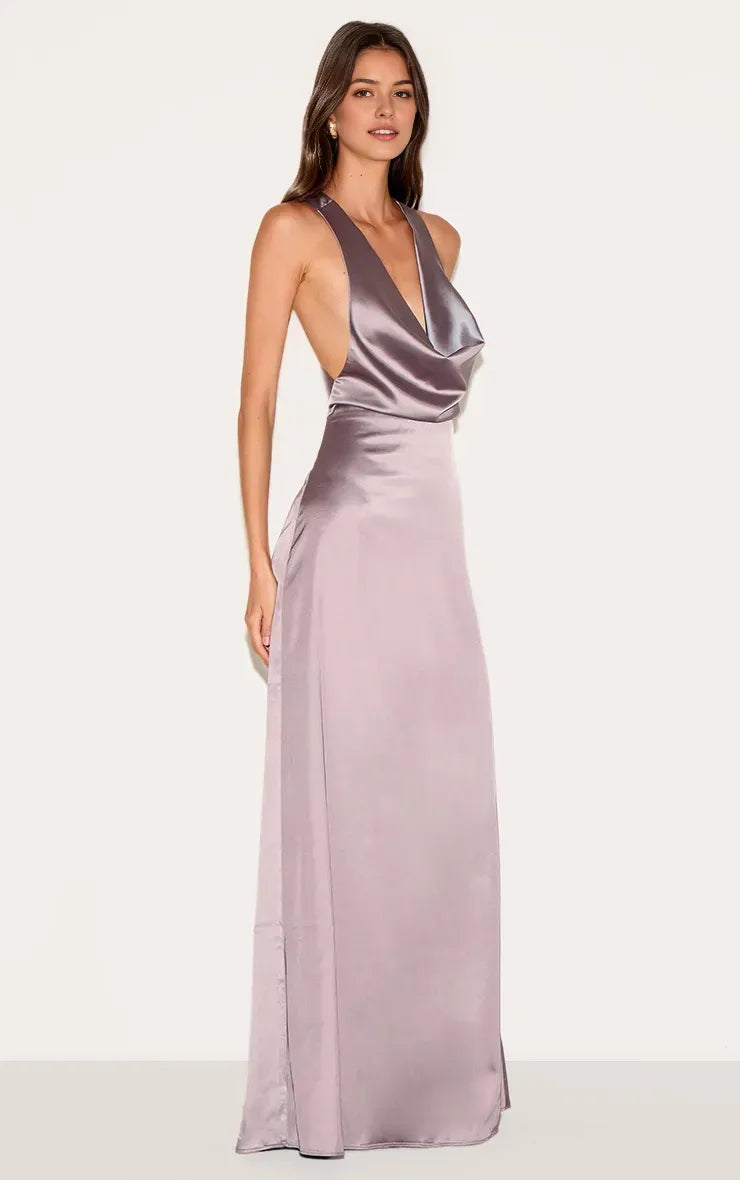 Romantic Sheath Cowl Neck Spaghetti Strap Crisscross Back Floor-Length Prom Dresses for women