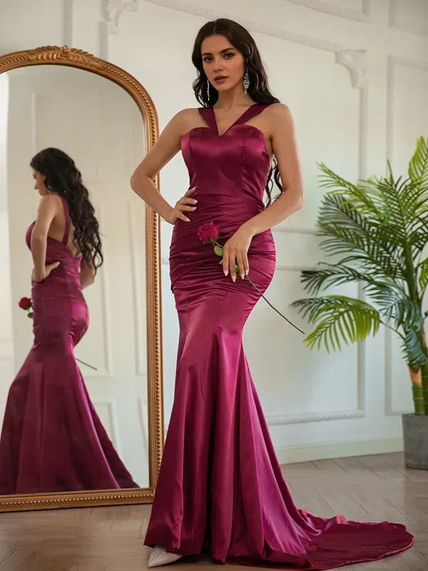 Burgundy Romantic Sheath Halter Neck Sleeveless Back Zip Sweep/Brush Train Ruched Prom Dresses