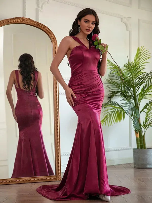 Burgundy Romantic Sheath Halter Neck Sleeveless Back Zip Sweep/Brush Train Ruched Prom Dresses