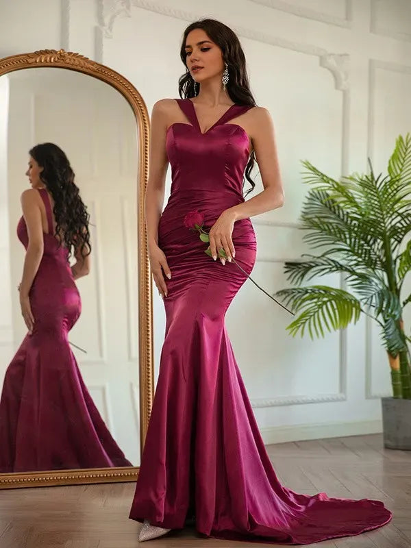 Burgundy Romantic Sheath Halter Neck Sleeveless Back Zip Sweep/Brush Train Ruched Prom Dresses