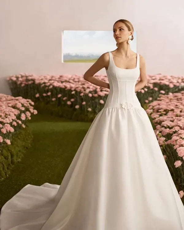 Romantic Sheath Round Neckline Strapless Button Back Side-Slit Sweep/Brush Train Wedding Dresses
