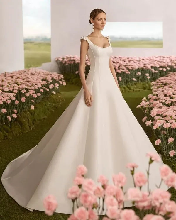 Romantic Sheath Round Neckline Strapless Button Back Side-Slit Sweep/Brush Train Wedding Dresses