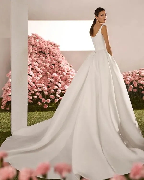 Romantic Sheath Round Neckline Strapless Button Back Side-Slit Sweep/Brush Train Wedding Dresses