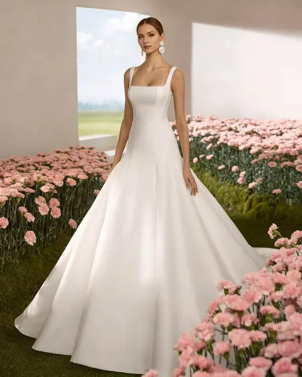 Romantic Sheath Round Neckline Strapless Button Back Side-Slit Sweep/Brush Train Wedding Dresses