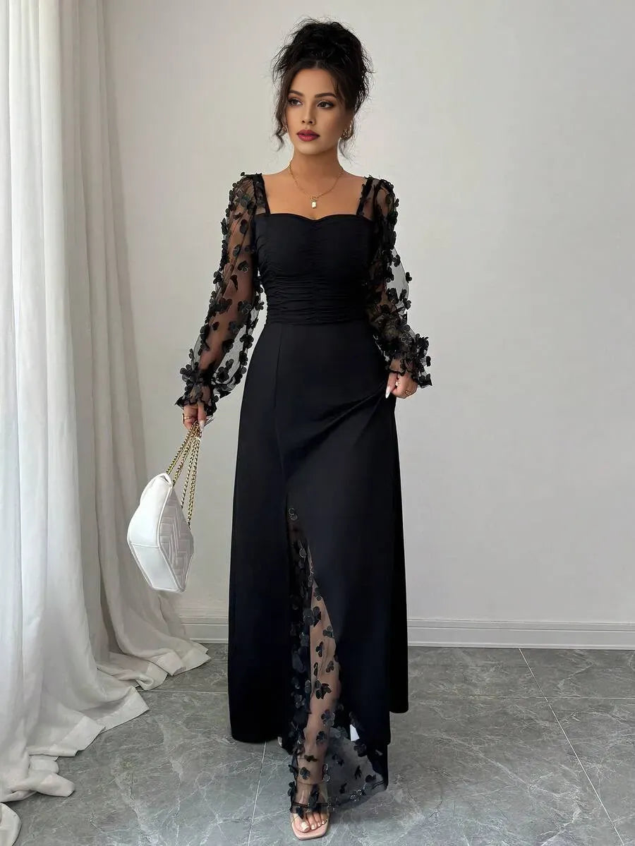 Black Romantic Sheath Sweetheart Neck Long-Sleeve Floral Maxi Evening Dress