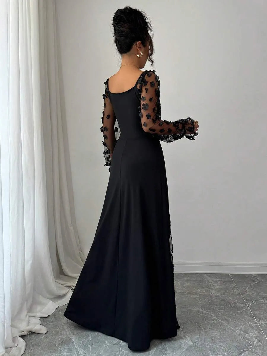 Black Romantic Sheath Sweetheart Neck Long-Sleeve Floral Maxi Evening Dress