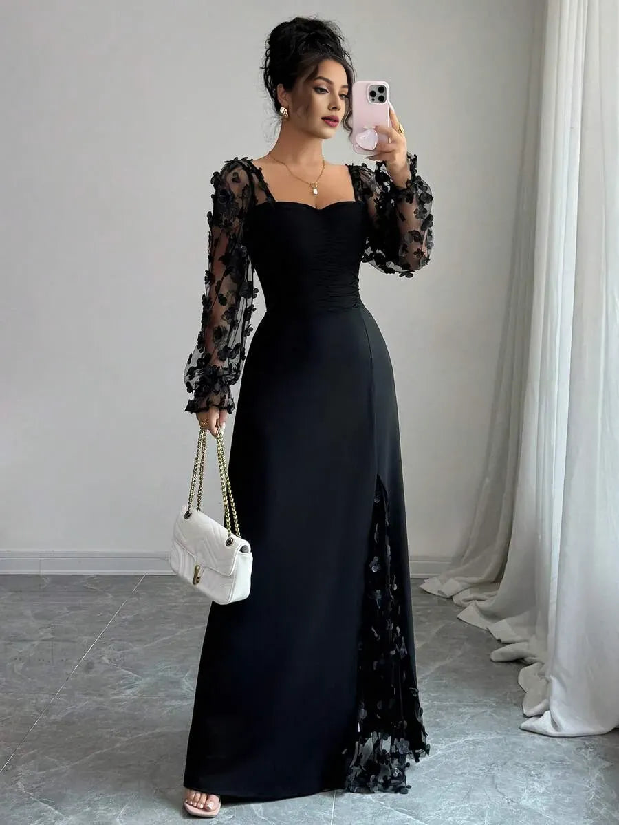 Black Romantic Sheath Sweetheart Neck Long-Sleeve Floral Maxi Evening Dress