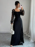 Black Romantic Sheath Sweetheart Neck Long-Sleeve Floral Maxi Evening Dress