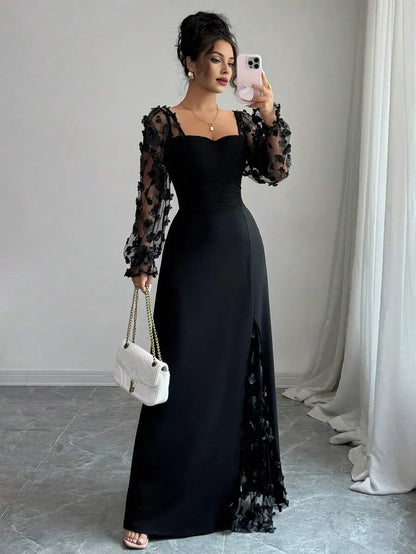 Romantic Black Floral A-Line Sweetheart Long-Sleeve Classic-Back Floor-Length Evening Dress