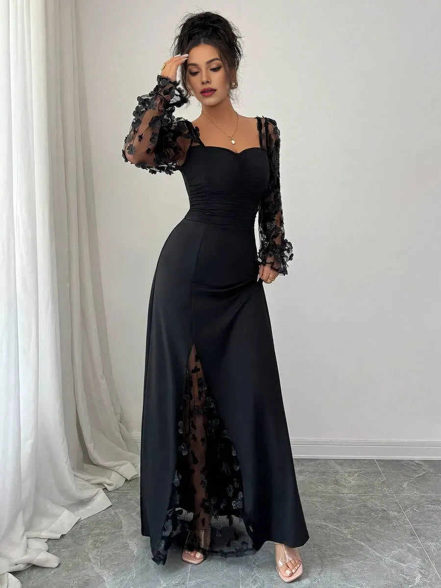 Black Romantic Sheath Sweetheart Neck Long-Sleeve Floral Maxi Evening Dress