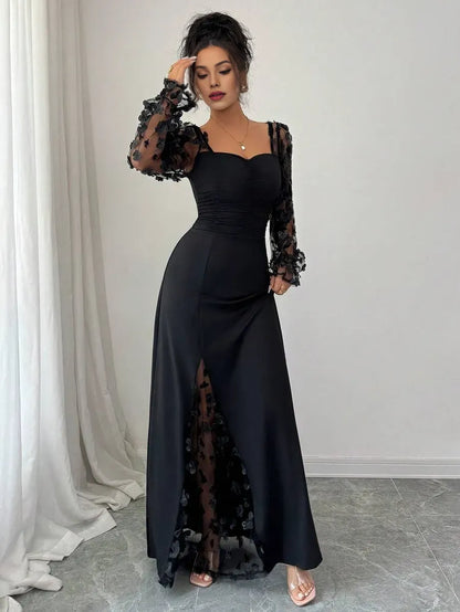Romantic Black Floral A-Line Sweetheart Long-Sleeve Classic-Back Floor-Length Evening Dress