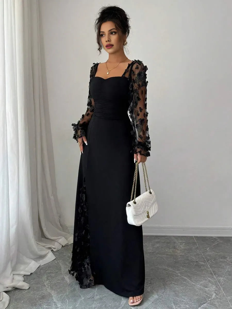 Black Romantic Sheath Sweetheart Neck Long-Sleeve Floral Maxi Evening Dress