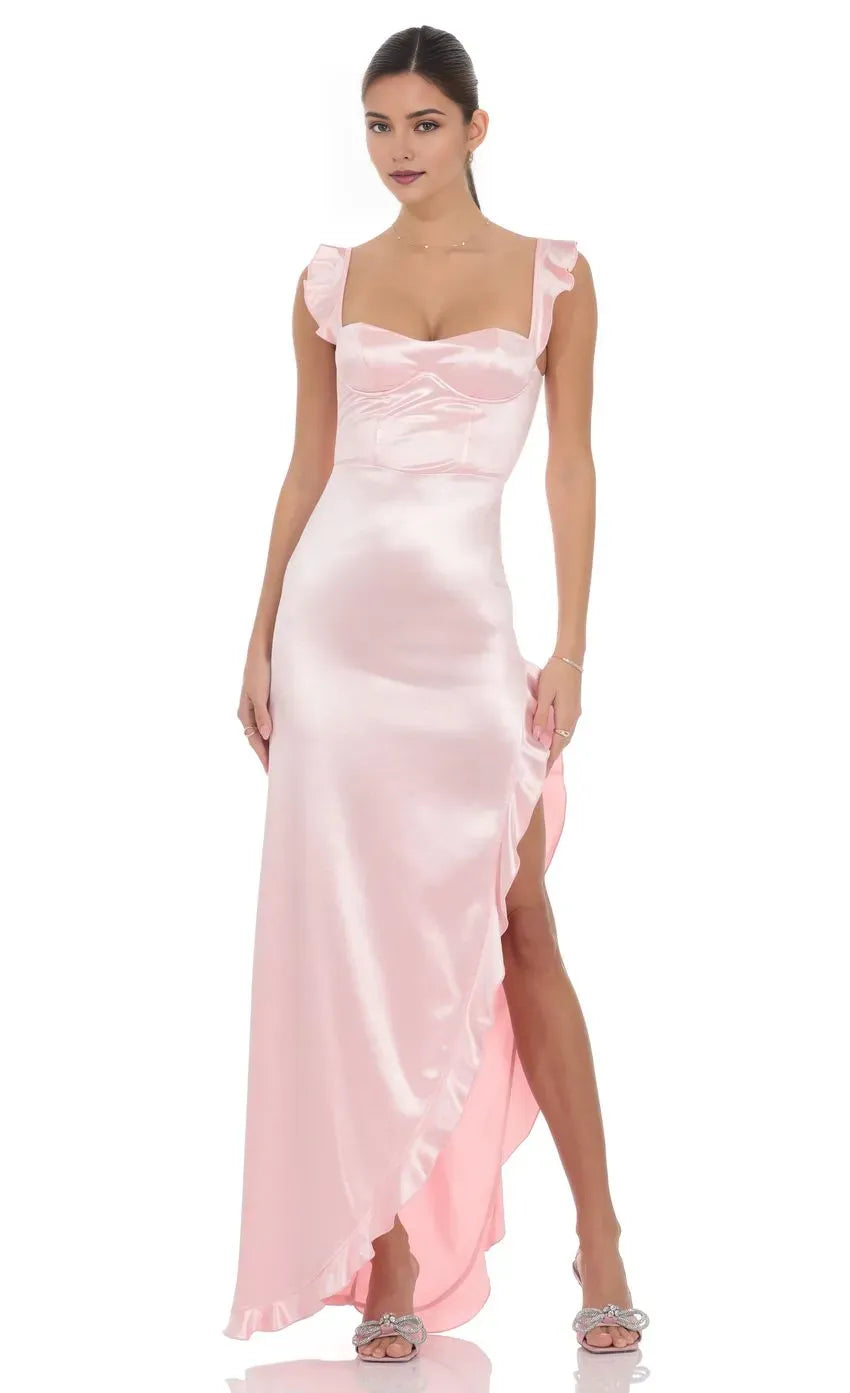 Romantic Sheath Sweetheart Neck Ruffled Strap Up Back High Low Prom Dresses with Slit