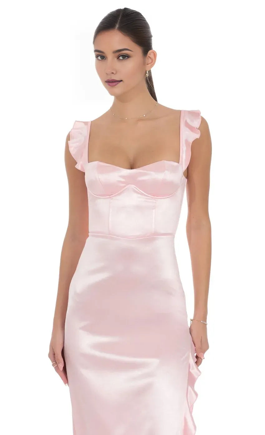 Romantic Sheath Sweetheart Neck Ruffled Strap Up Back High Low Prom Dresses with Slit