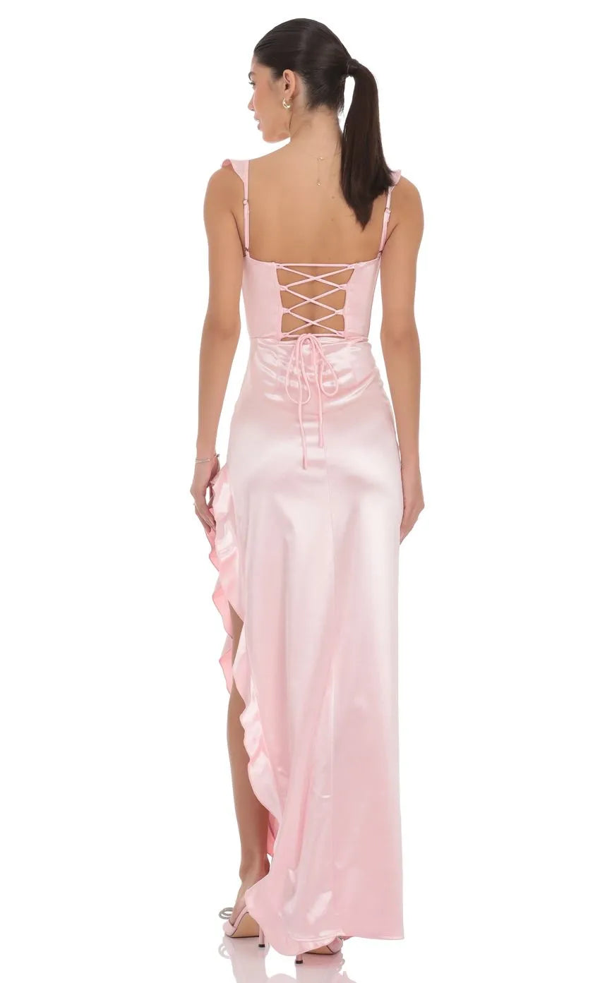 Romantic Sheath Sweetheart Neck Ruffled Strap Up Back High Low Prom Dresses with Slit