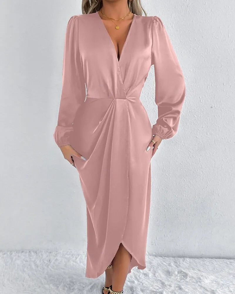 Blush Pink Romantic Sheath V-Neck Long Sleeve Ruched Blush Midi Evening Dress