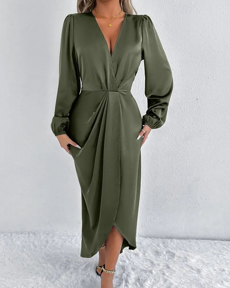 Blush Pink Romantic Sheath V-Neck Long Sleeve Ruched Blush Midi Evening Dress
