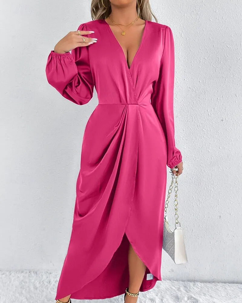 Blush Pink Romantic Sheath V-Neck Long Sleeve Ruched Blush Midi Evening Dress