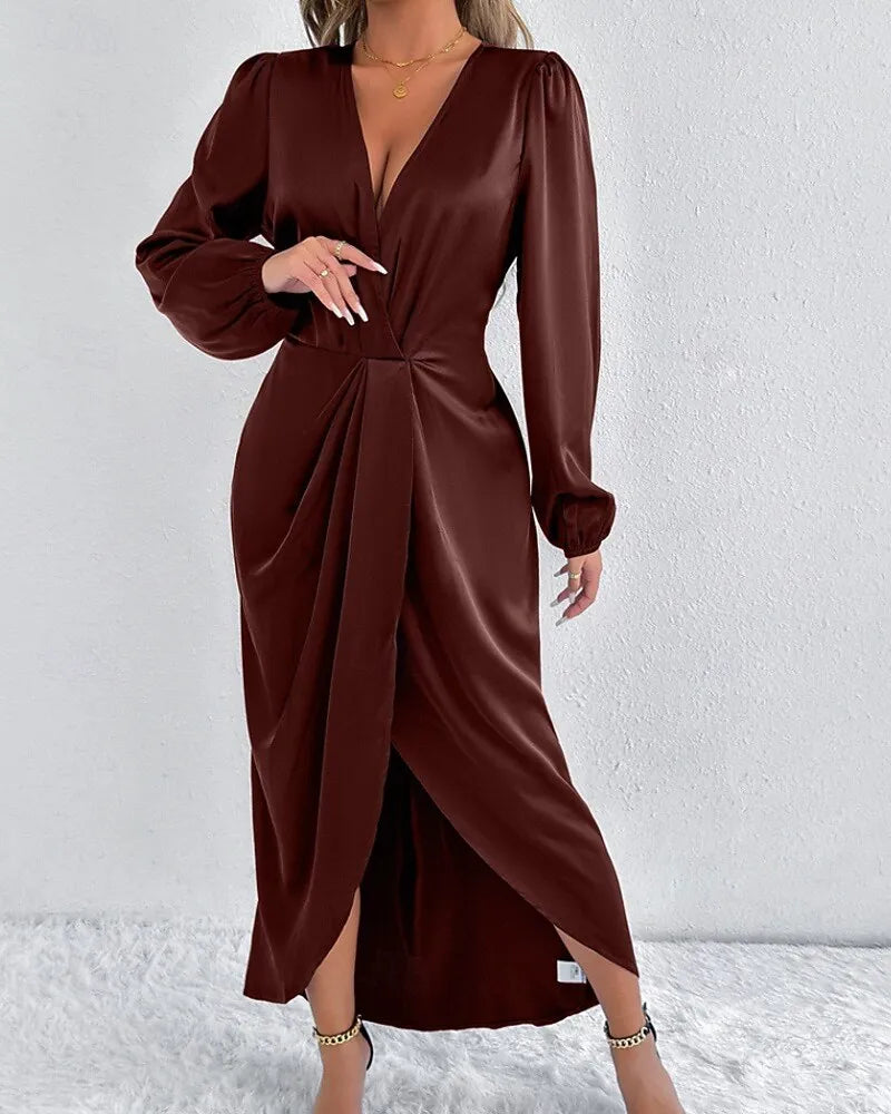 Blush Pink Romantic Sheath V-Neck Long Sleeve Ruched Blush Midi Evening Dress