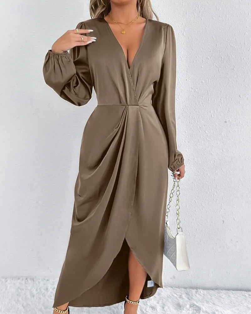 Blush Pink Romantic Sheath V-Neck Long Sleeve Ruched Blush Midi Evening Dress