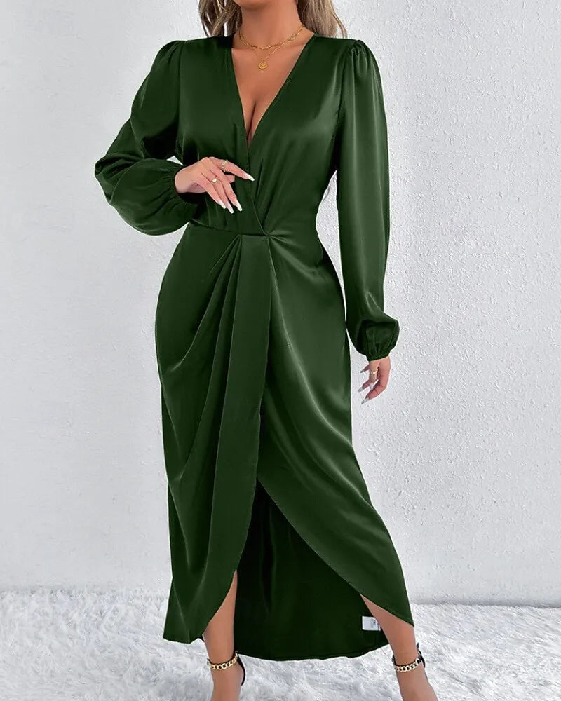 Blush Pink Romantic Sheath V-Neck Long Sleeve Ruched Blush Midi Evening Dress