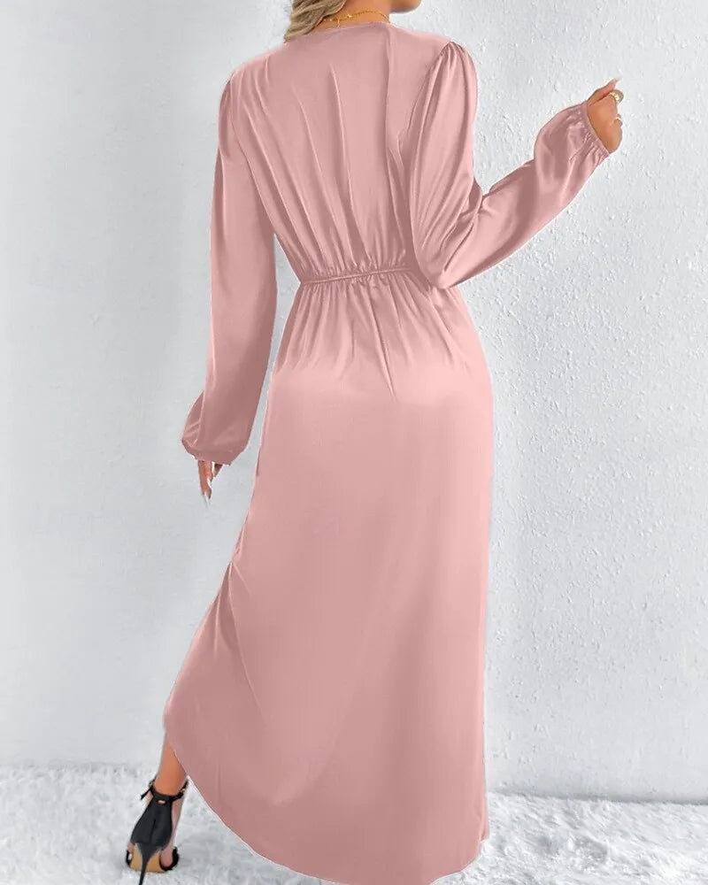 Blush Pink Romantic Sheath V-Neck Long Sleeve Ruched Blush Midi Evening Dress