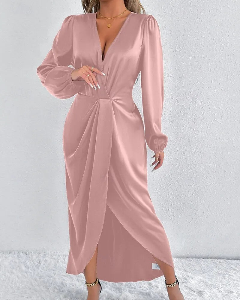 Blush Pink Romantic Sheath V-Neck Long Sleeve Ruched Blush Midi Evening Dress