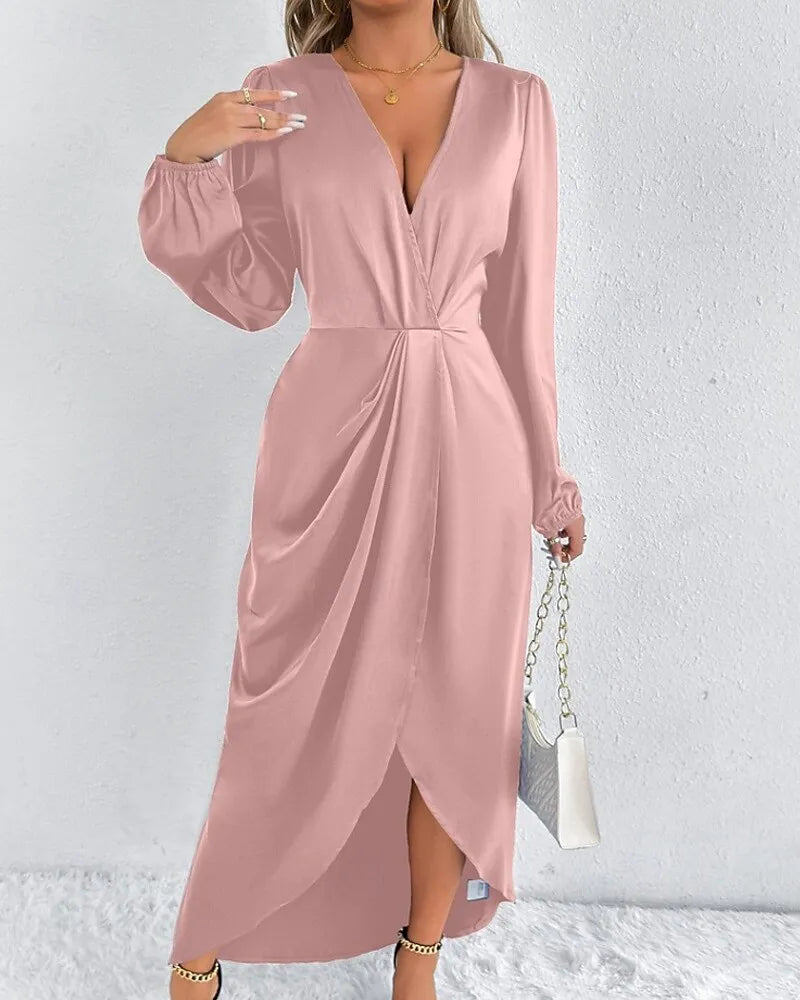 Blush Pink Romantic Sheath V-Neck Long Sleeve Ruched Blush Midi Evening Dress