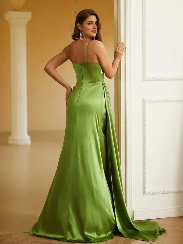 Romantic Sheath V-Neck Sleeveless Back Zip Wrap Ruched High Slit Prom Dresses with Sweep/Brush