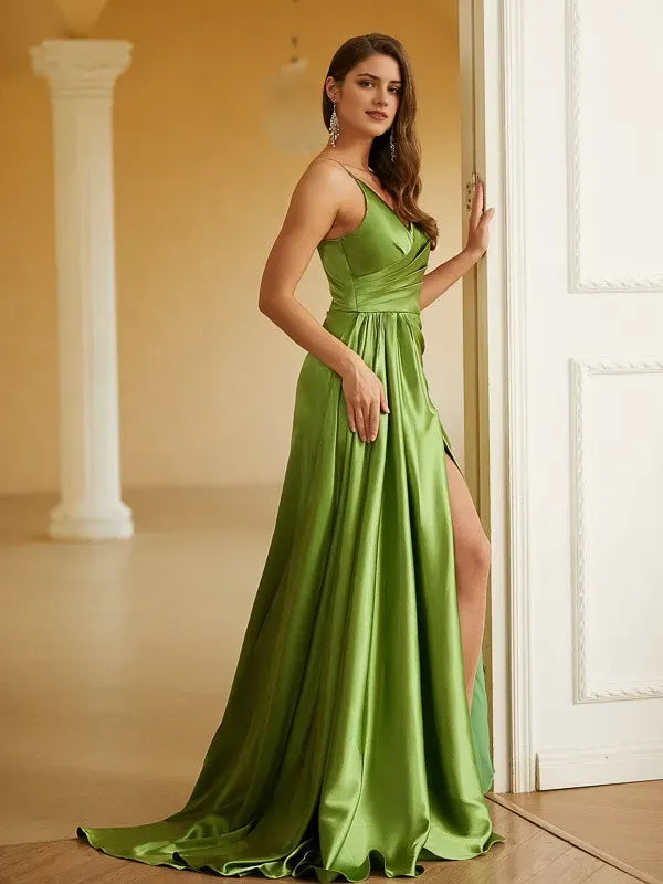 Romantic Sheath V-Neck Sleeveless Back Zip Wrap Ruched High Slit Prom Dresses with Sweep/Brush