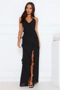 Black Romantic Sheath V-Neck Spaghetti Straps Back Zip Floor-Length Ruffle Prom Dresses with High Slit