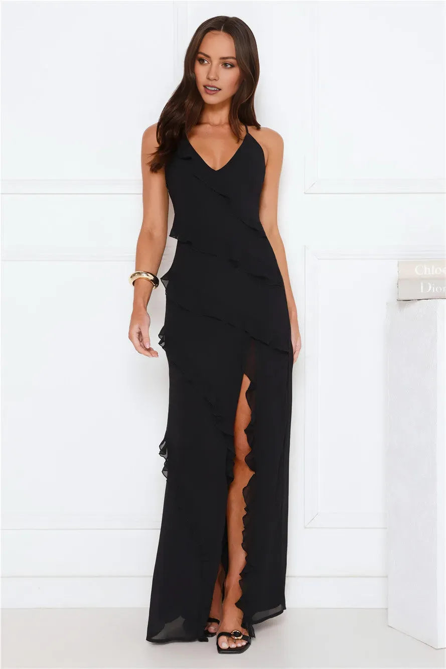 Black Romantic Sheath V-Neck Spaghetti Straps Back Zip Floor-Length Ruffle Prom Dresses with High Slit