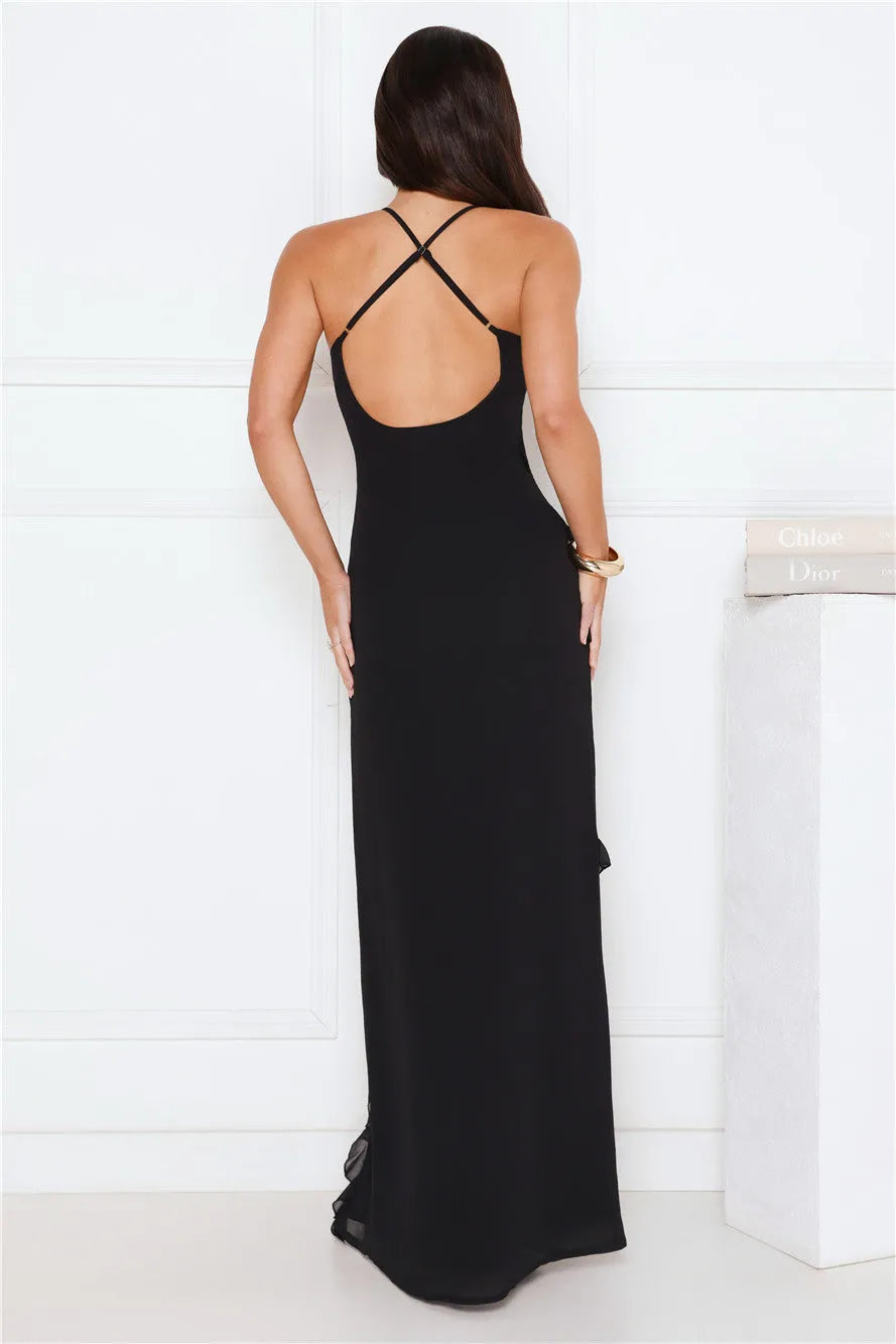 Black Romantic Sheath V-Neck Spaghetti Straps Back Zip Floor-Length Ruffle Prom Dresses with High Slit