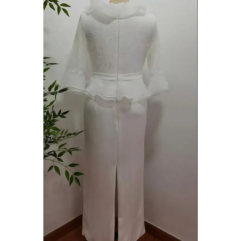 White Romantic Sheath V-neck 3/4-sleeved Midi Evening Dress