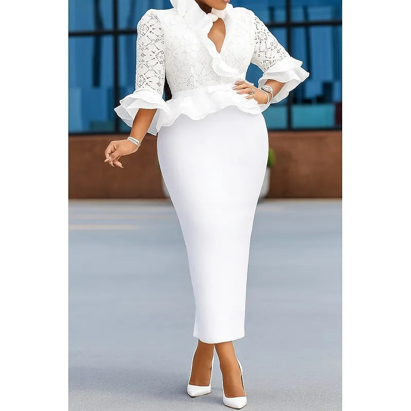 White Romantic Sheath V-neck 3/4-sleeved Midi Evening Dress