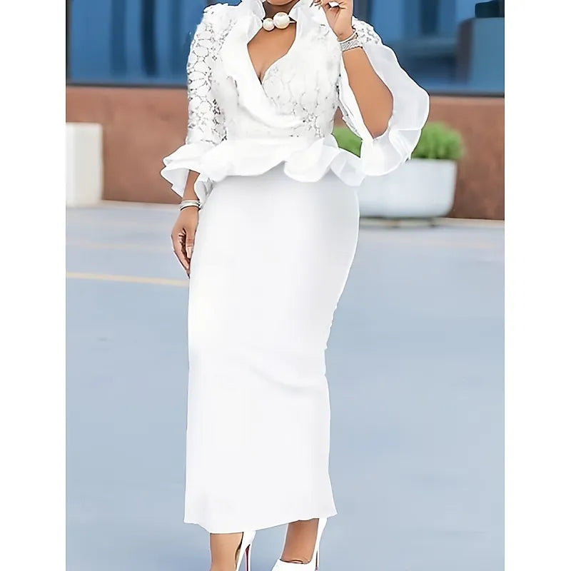 White Romantic Sheath V-neck 3/4-sleeved Midi Evening Dress