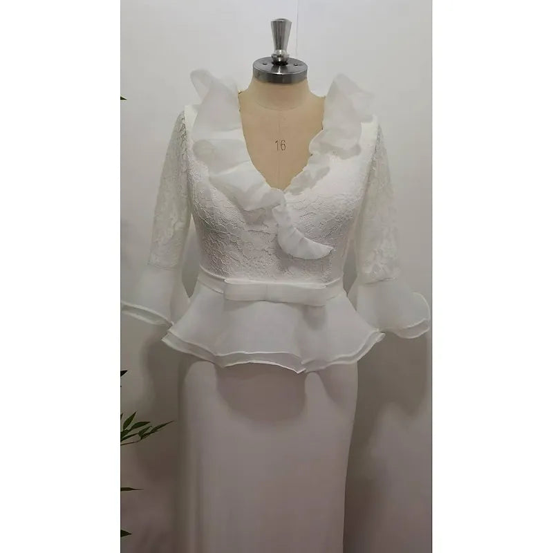 White Romantic Sheath V-neck 3/4-sleeved Midi Evening Dress