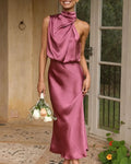 Romantic Slip Halter Neck Sleeveless Draped Dusty Rose Midi Prom Dress
