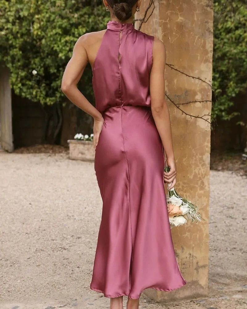 Romantic Slip Halter Neck Sleeveless Draped Dusty Rose Midi Prom Dress