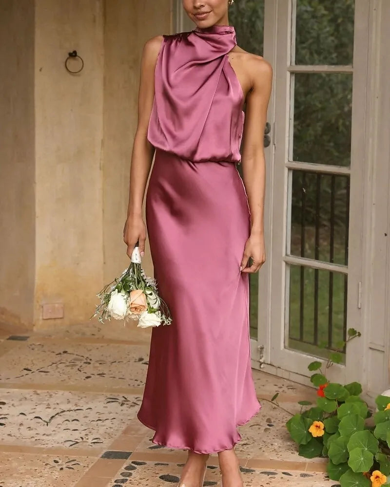 Romantic Slip Halter Neck Sleeveless Draped Dusty Rose Midi Prom Dress