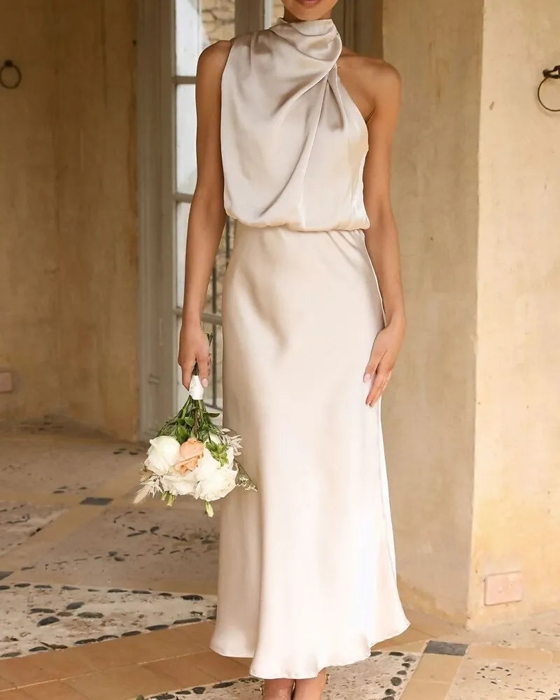Romantic Slip Halter Neck Sleeveless Draped Dusty Rose Midi Prom Dress