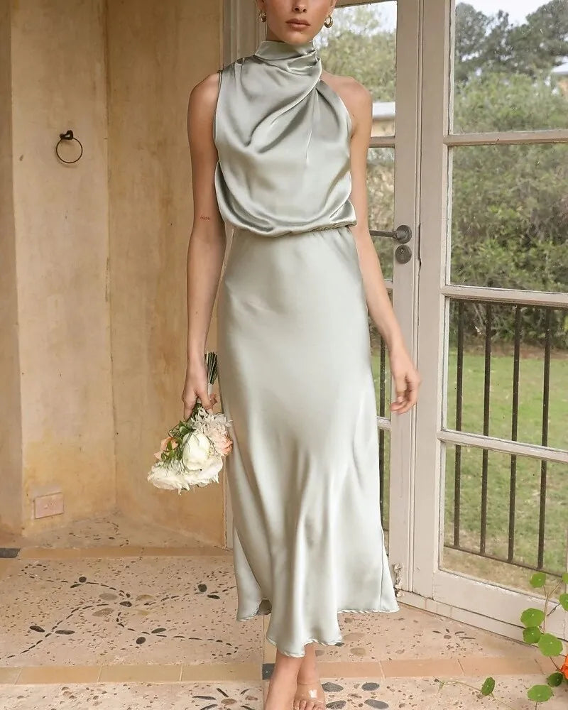 Romantic Slip Halter Neck Sleeveless Draped Dusty Rose Midi Prom Dress