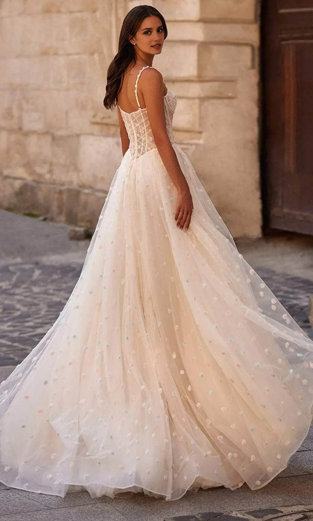 Romantic Spaghetti Strap Corset Ball Gown with Floral Embellishments High Slit Skirt Ideal for Prom Evening Galas
