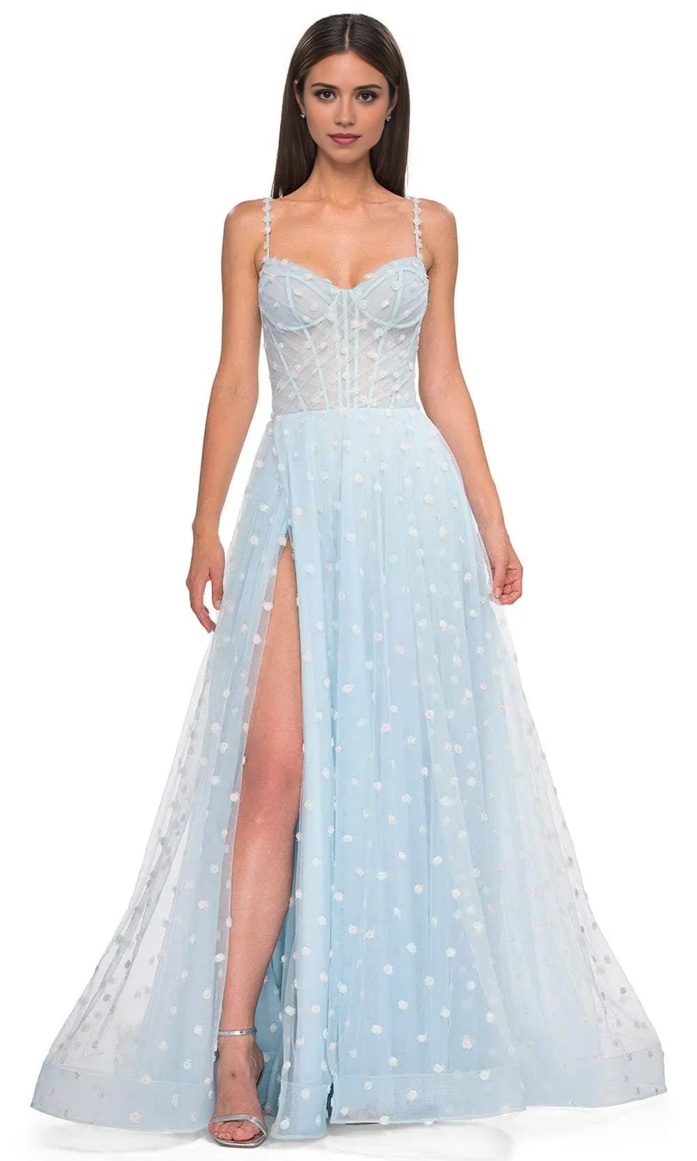 Romantic Spaghetti Strap Corset Ball Gown with Floral Embellishments High Slit Skirt Ideal for Prom Evening Galas