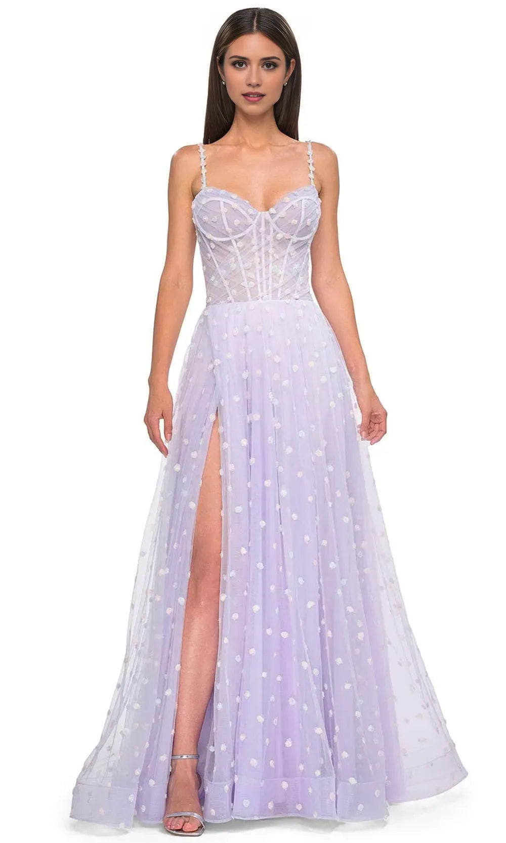 Romantic Spaghetti Strap Corset Ball Gown with Floral Embellishments High Slit Skirt Ideal for Prom Evening Galas