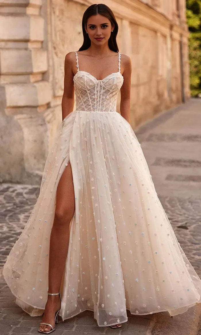 Romantic Spaghetti Strap Corset Ball Gown with Floral Embellishments High Slit Skirt Ideal for Prom Evening Galas