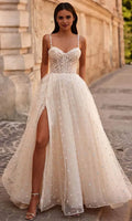 Romantic Spaghetti Strap Corset Ball Gown with Floral Embellishments High Slit Skirt Ideal for Prom Evening Galas