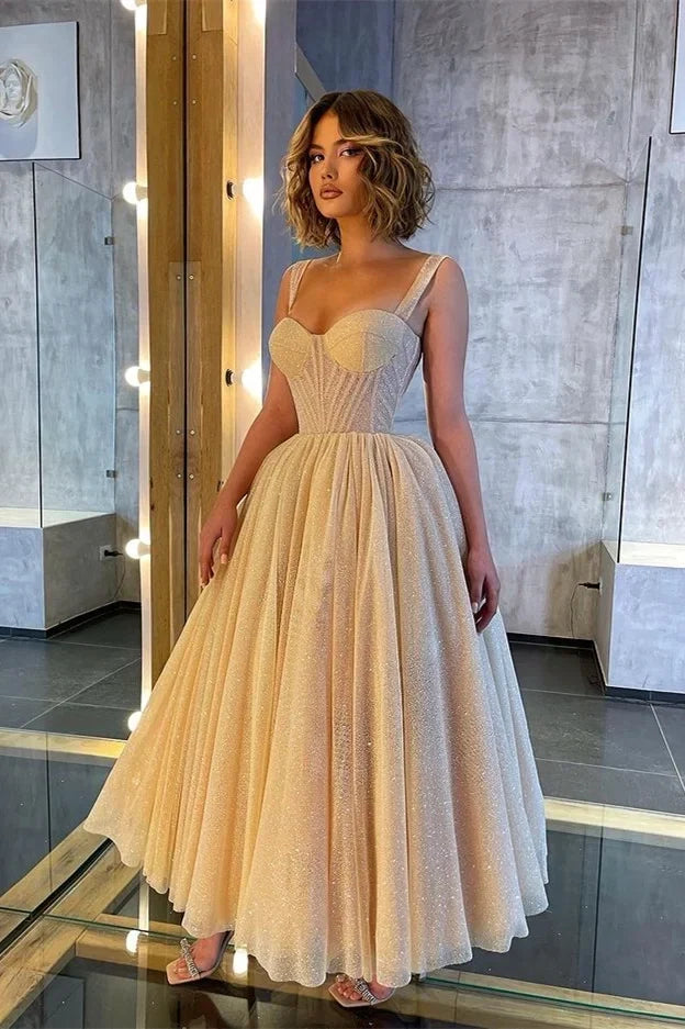 Romantic Spaghetti Strap Glitter Champagne Tea-Length Party Dress