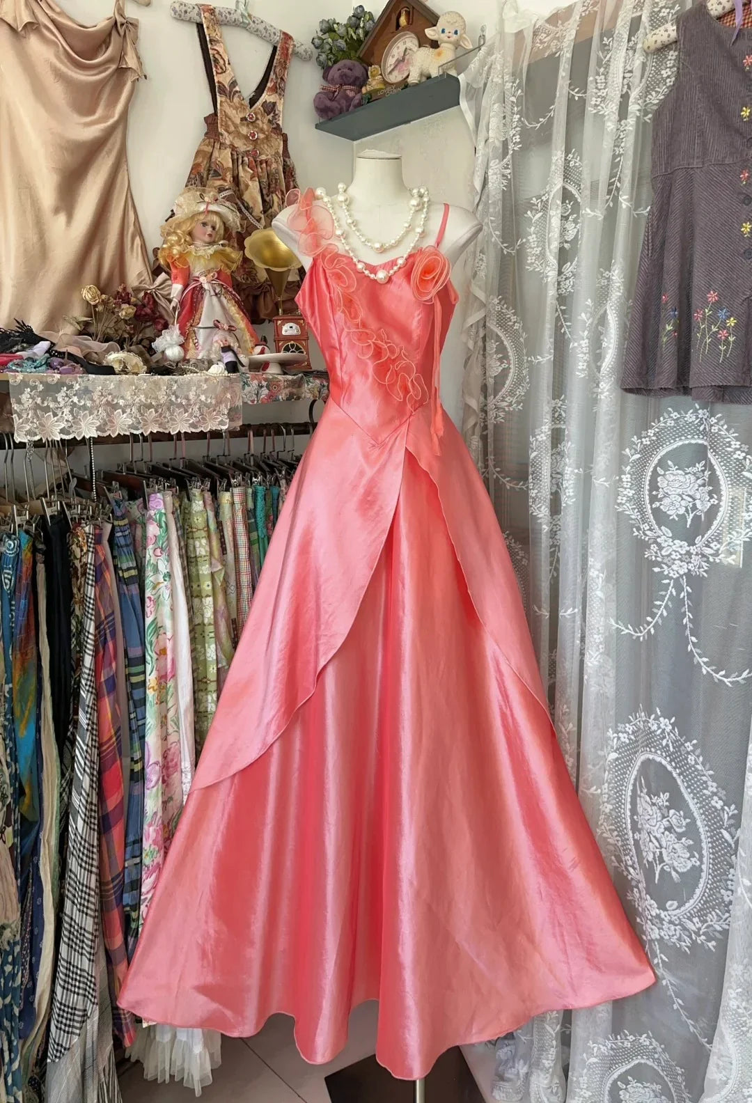 Coral Romantic Spaghetti Strap Sleeveless Floral Maxi Prom Dress