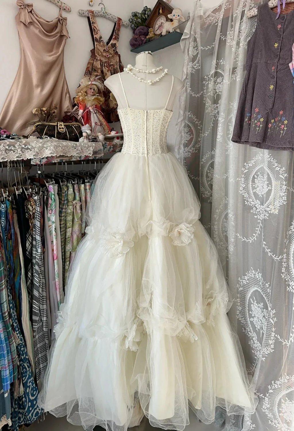 Ivory Romantic Spaghetti Strap Sleeveless Floral Maxi Prom Dress